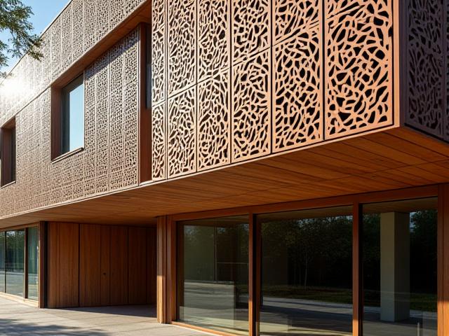 Fachada de edificio con celosías metálicas que crean juegos de luz