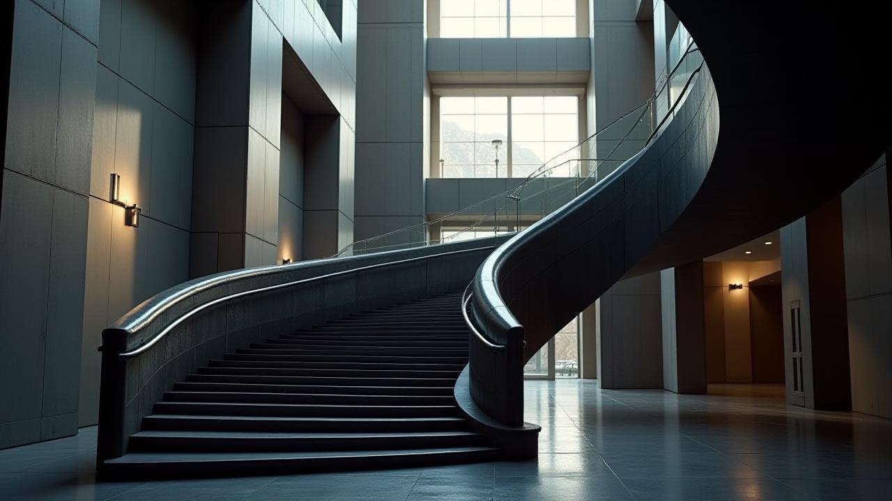 Impresionante escalera helicoidal de metal en un atrio moderno con luz natural