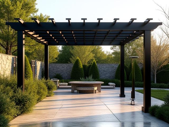 Pérgola metálica elegante en un patio exterior, integrando luz y sombra