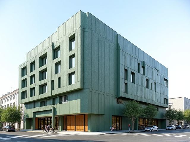 Fachada de edificio con una celosía metálica paramétrica de tres pisos