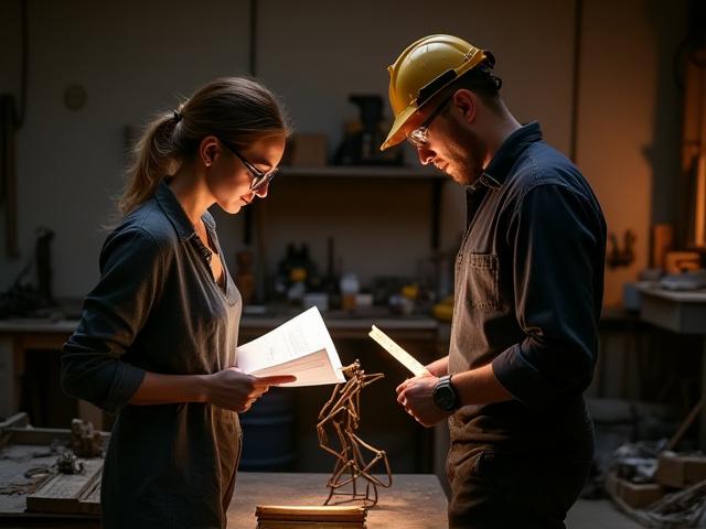 Artista discutiendo un boceto de escultura de metal con un herrero en un taller