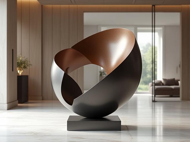 Escultura de metal moderna en un salón minimalista