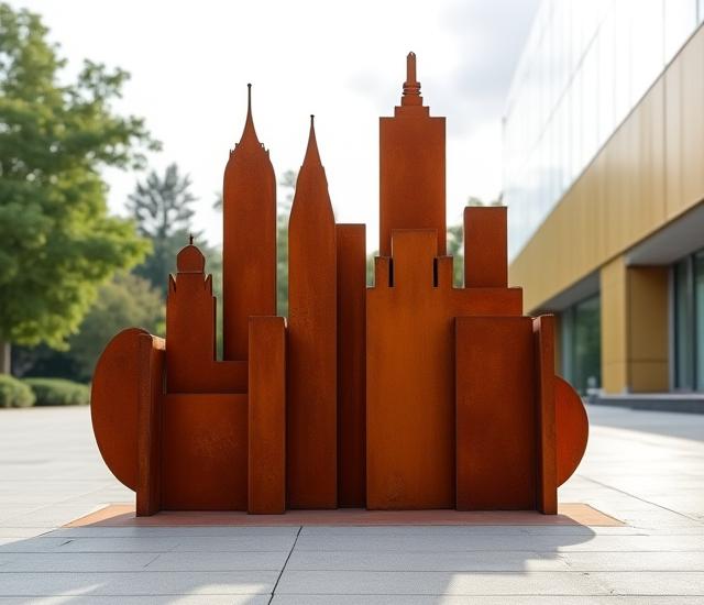 Escultura 'Eco Urbano', una silueta abstracta que simula un edificio moderno de metal y vidrio