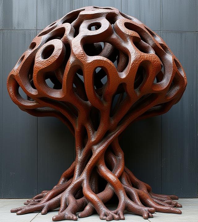 Escultura 'Raíces', intrincadas formas de metal que asemejan raíces retorcidas