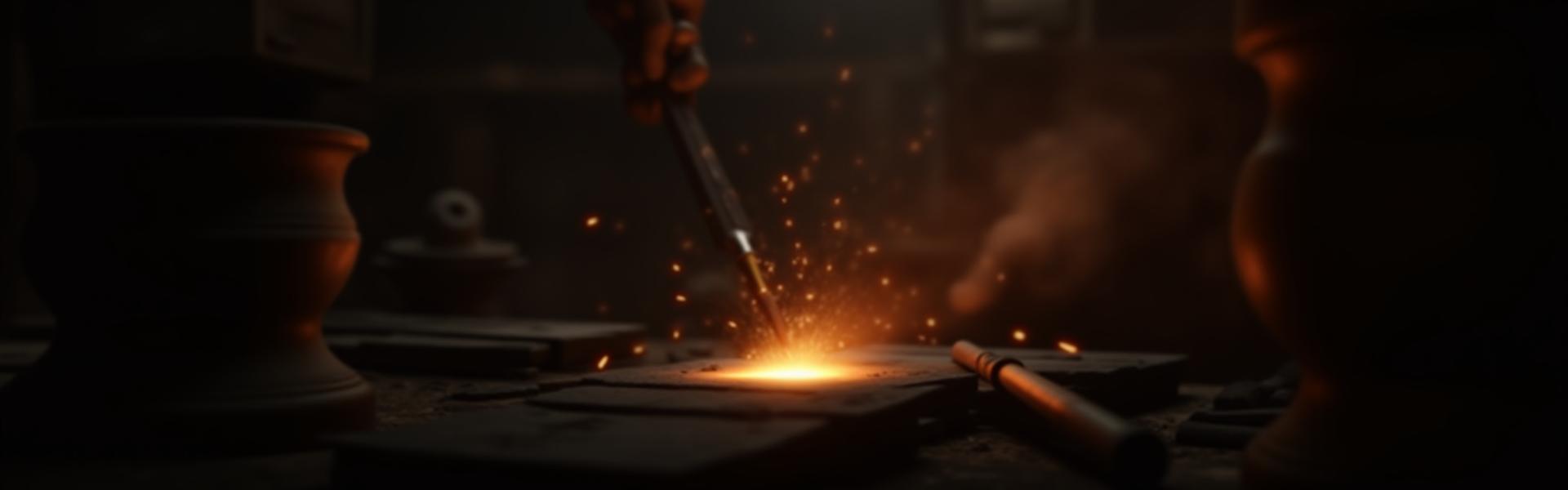 Vista sutil del taller de Metal y Sabor con herramientas y chispas a lo lejos