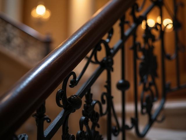 Elegante barandal de escalera forjado con curvas orgánicas y acabados en pátina oscura, brindando seguridad y estilo.