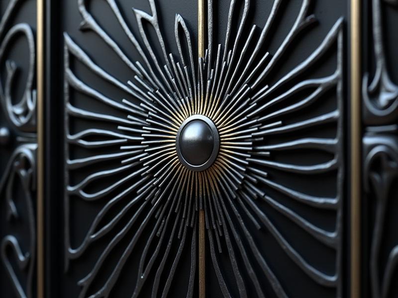 Diseño de forja Art Déco con patrones geométricos, líneas audaces y simetría. 