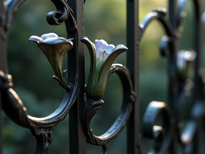 Diseño de forja Art Nouveau con líneas fluidas y orgánicas inspiradas en la naturaleza.