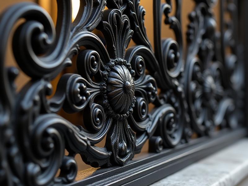 Diseño de forja clásica con volutas intrincadas y detalles florales opulentos.