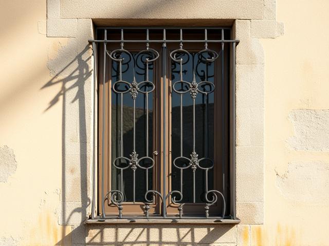 Reja de ventana con diseño geométrico y acentos florales, proporcionando seguridad sin comprometer la vista exterior.