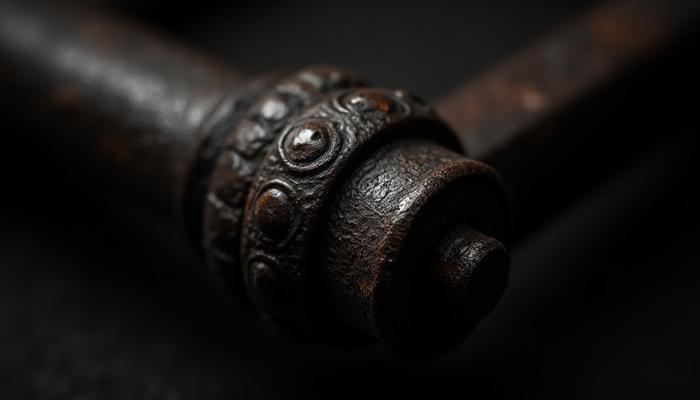 Close-up de una unión de forja tradicional con remaches robustos, destacando la solidez y el acabado.