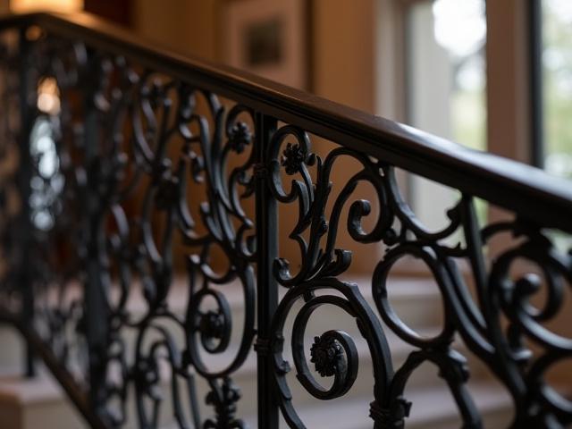 Barandal de forja artística intrincada en una residencia de lujo