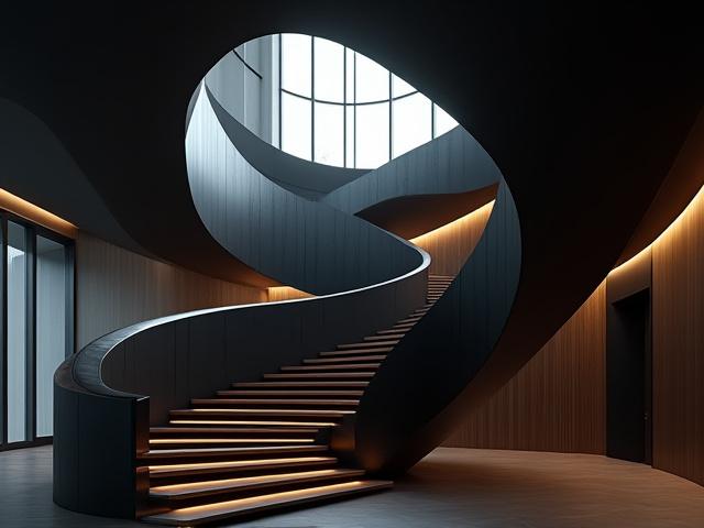 Impresionante escalera de caracol de metal negro con pasamanos de madera en un edificio contemporáneo