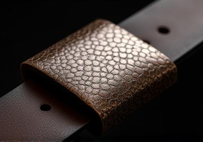 Hebilla de cinturón de metal forjado con diseño único y acabado pulido.