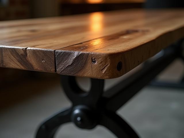 Mesa industrial con base de hierro forjado robusto y cubierta de madera reciclada con vetas pronunciadas, ideal para un espacio de comedor amplio.