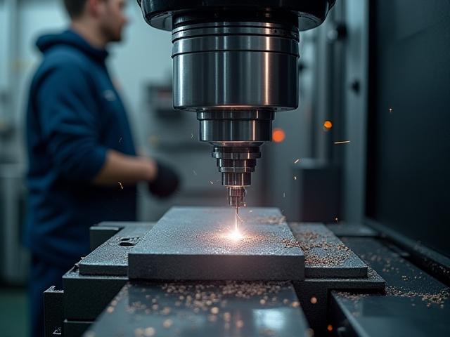 Vista de un torno CNC en operación, con virutas metálicas relucientes y un operario supervisando la máquina.