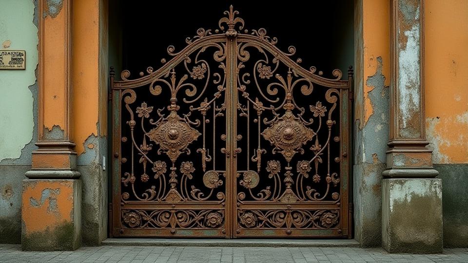 Portón Art Nouveau corroído antes de la restauración