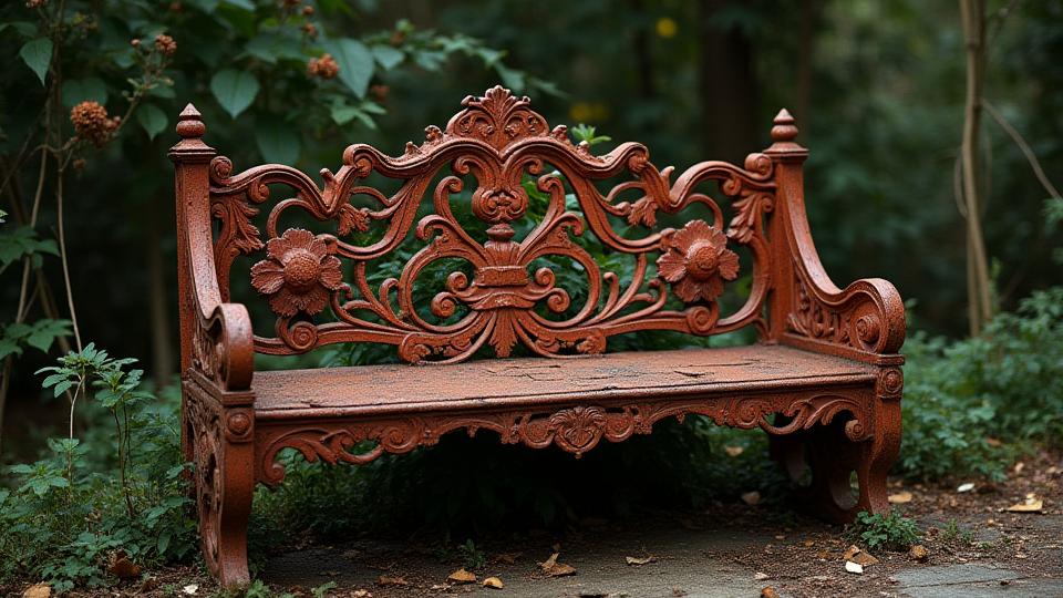 Mobiliario de jardín antiguo y oxidado