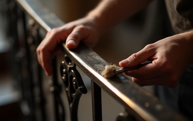 Aplicación de un acabado protector sobre una pieza de metal restaurada, mostrando su brillo