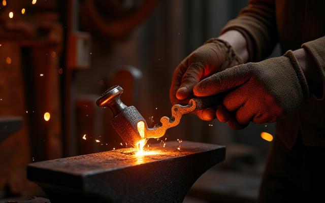Artesano forjando una pequeña pieza de metal para restaurar un objeto