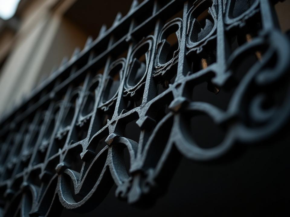 Detalle de herrería Art Déco, diseño geométrico con líneas rectas y zig-zags en latón pulido.