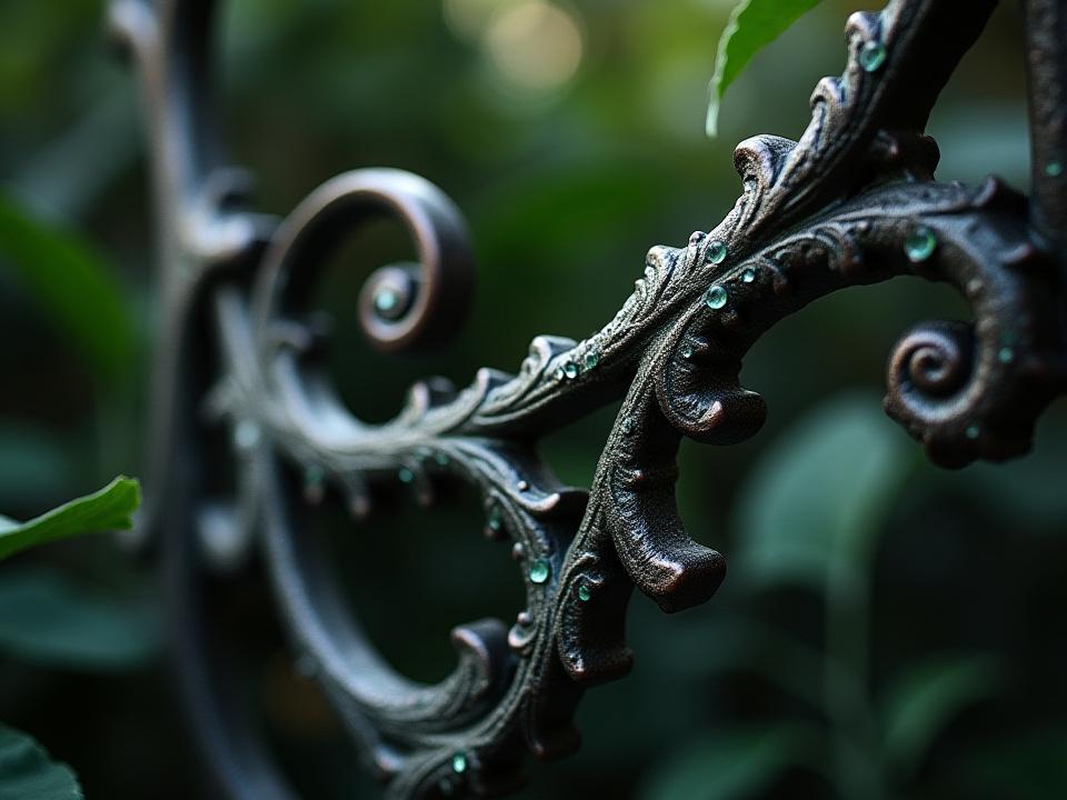 Detalle de herrería Modernista, diseño orgánico con líneas curvas y motivos florales en hierro forjado.