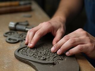 Manos de artesano trabajando detalle metálico Art Déco con herramientas de forja en taller, sobre molde.