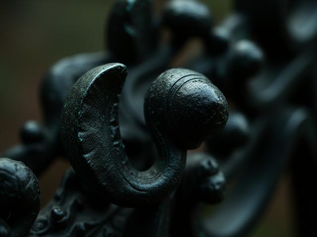 Detalle de herrería Modernista restaurada con motivos florales y líneas ondulantes en hierro forjado, exhibiendo una pátina envejecida.